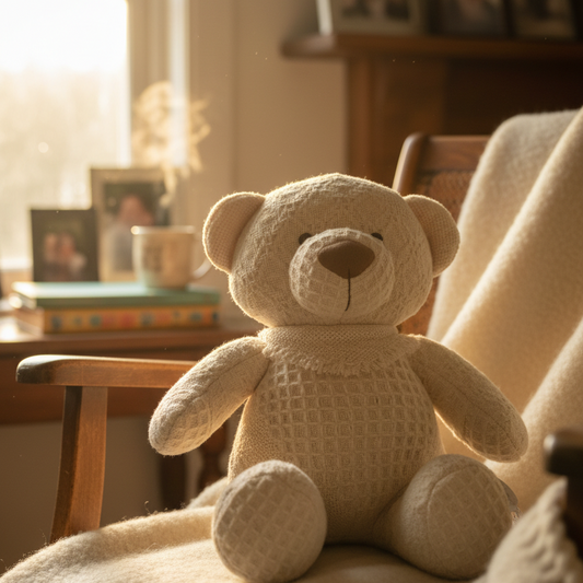 Knitted teddy bear on a soft surface with a cozy room background
