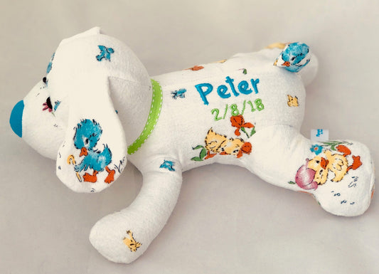 Personalized Memory Dog Keepsake Custom Plush Toy Made from Baby Clothes or Loved One’s Clothing
Stuffed Dog Embroidered Name Birth Stats