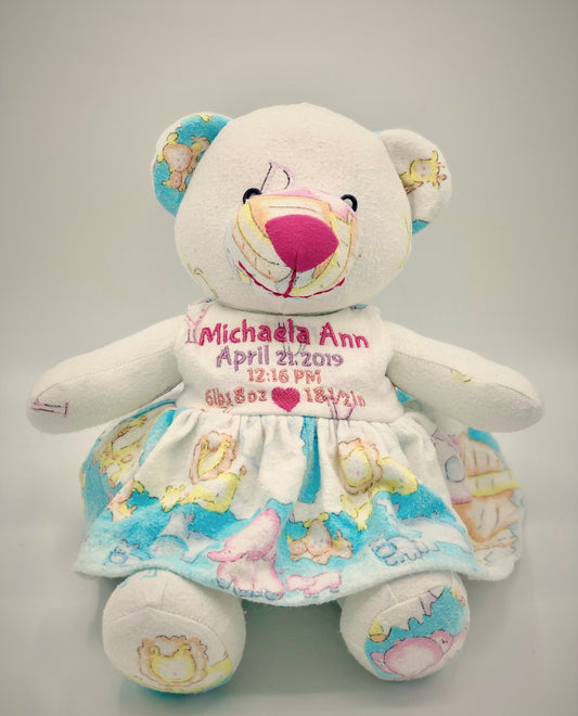 Custom Stuffed Girl Bear Made from Your Baby’s Hospital Blanket | Personalized Keepsake