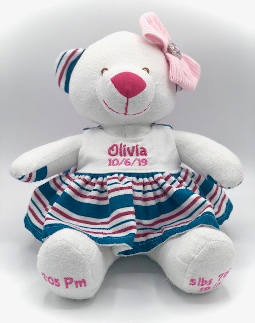 Custom Stuffed Girl Bear Made from Your Baby’s Hospital Blanket | Personalized Keepsake