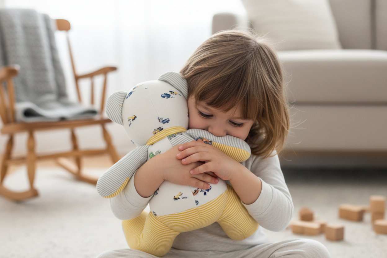 Child hugging Memory Bear from Baby Clothes