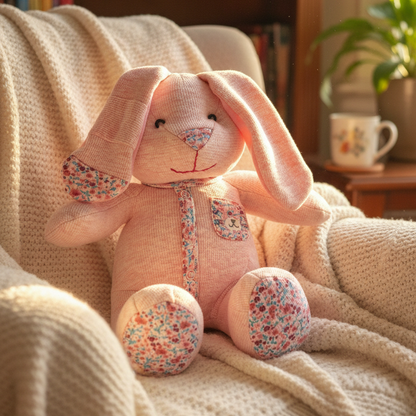 Pink bunny plush toy on a cozy blanket with a bookshelf in the background