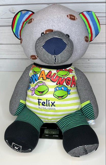 Weight and Length Matching Memory Bear – Custom Plush from Baby's Hospital Blanket or Clothes – Personalized Keepsake Bear