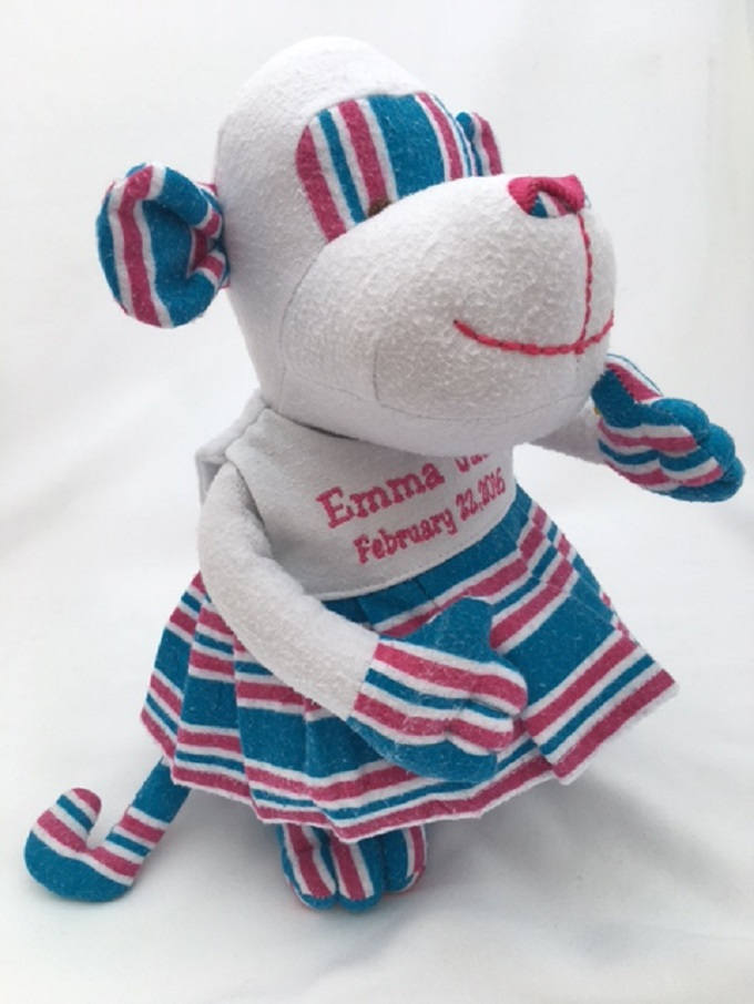 Stuffed Memory girl Monkey made out of your baby's newborn receiving hospital blanket