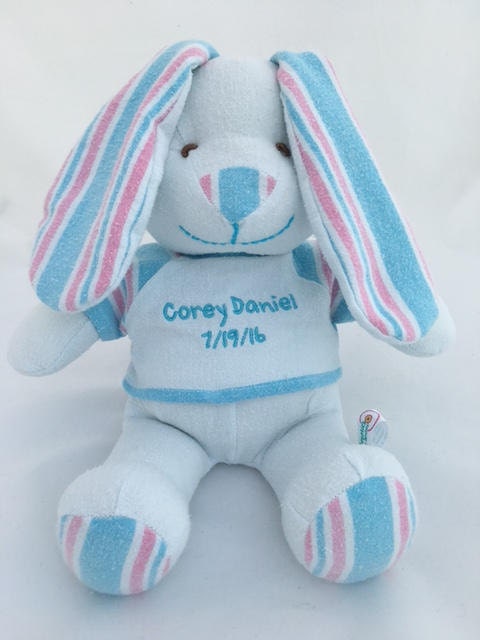 Stuffed Memory boy Bunny made out of your baby's newborn receiving hospital blanket