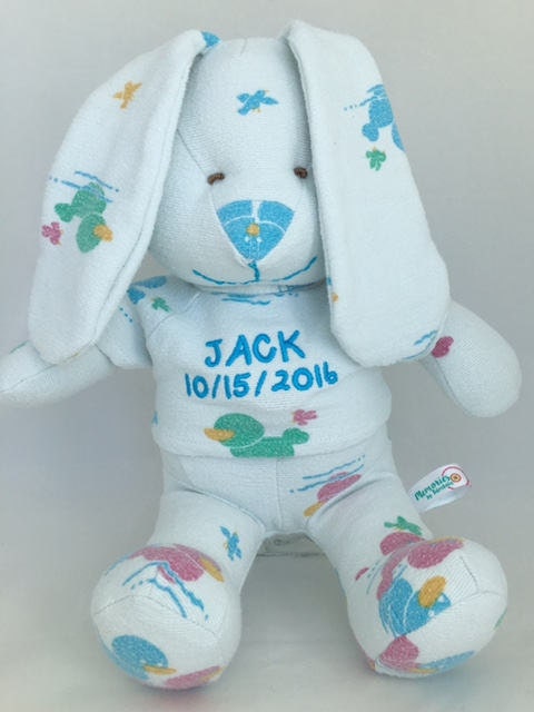 Stuffed Memory boy Bunny made out of your baby's newborn receiving hospital blanket