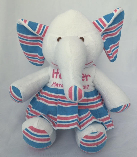 Stuffed Memory girl Elephant made out of your baby's newborn receiving hospital blanket