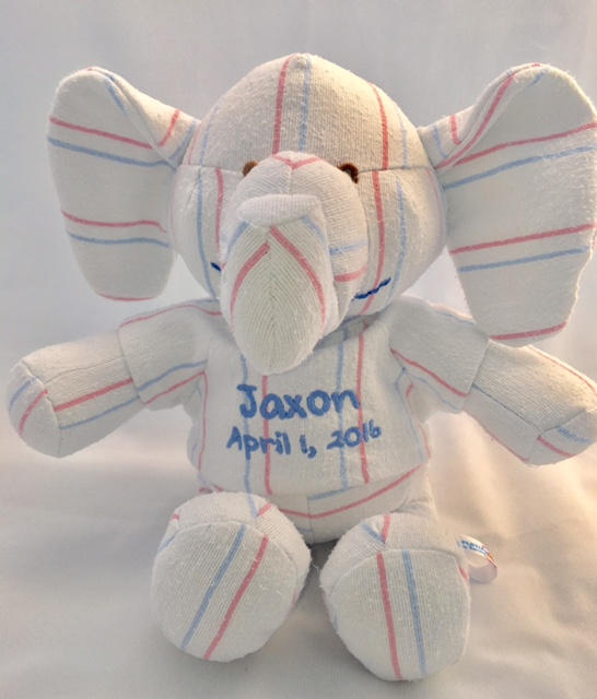 Stuffed Memory boy Elephant made out of your baby's newborn receiving hospital blanket