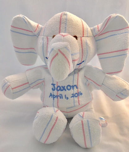 Stuffed Memory boy Elephant made out of your baby's newborn receiving hospital blanket