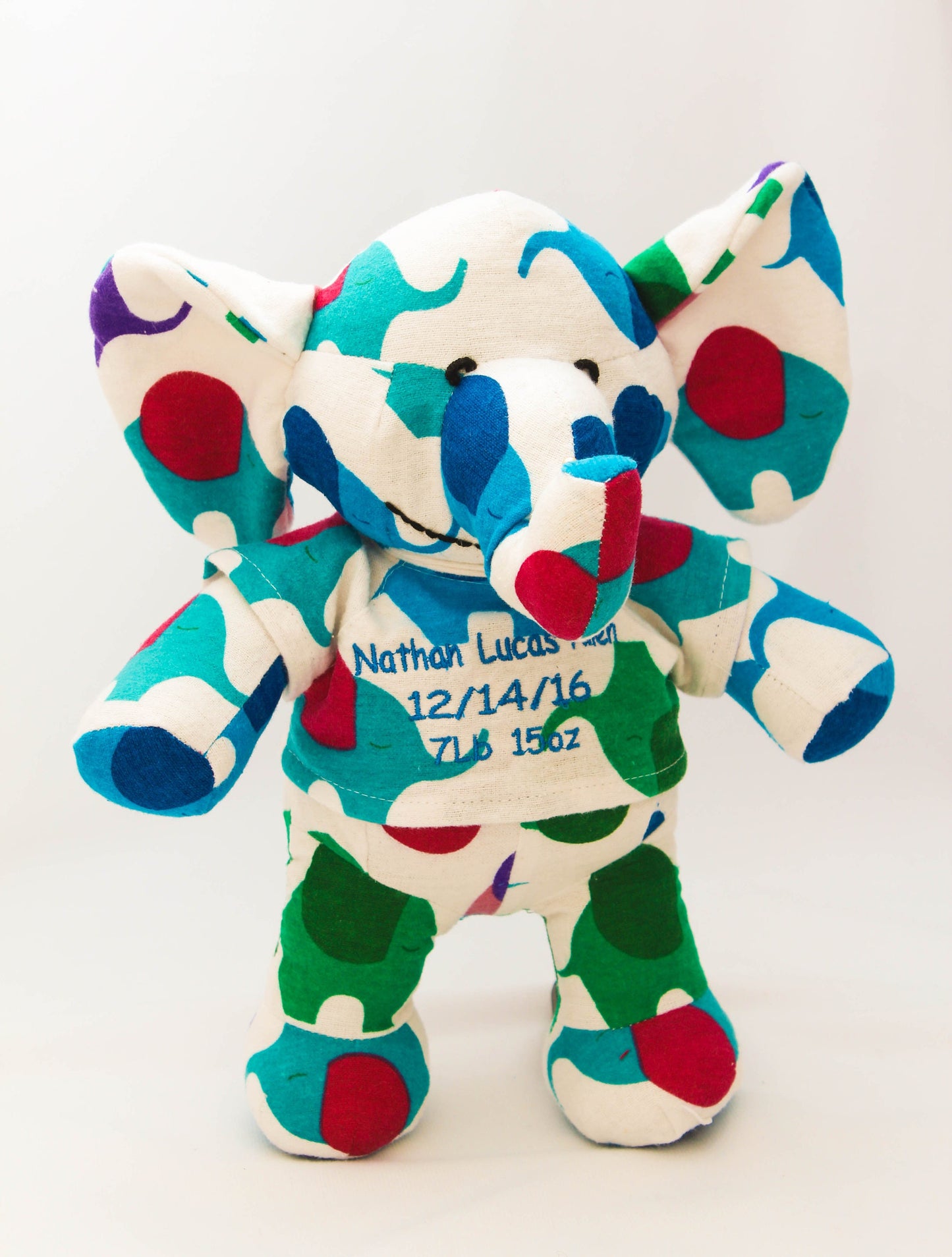 Stuffed Memory boy Elephant made out of your baby's newborn receiving hospital blanket