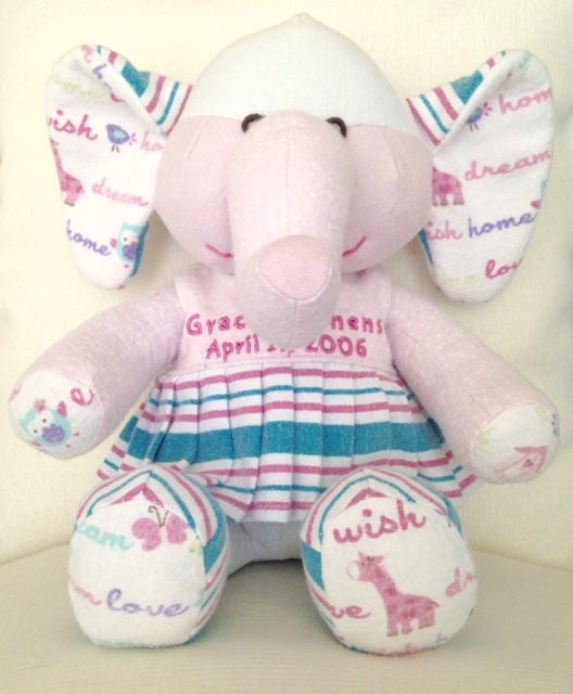 Keepsake Stuffed Elephant made out of your favorite baby or adult outfits or clothes