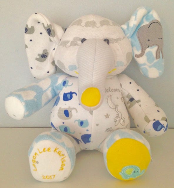 Keepsake Stuffed Elephant made out of your favorite baby or adult outfits or clothes