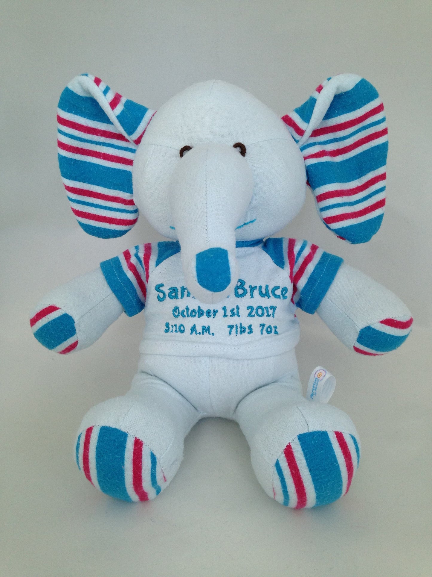 Stuffed Memory boy Elephant made out of your baby's newborn receiving hospital blanket