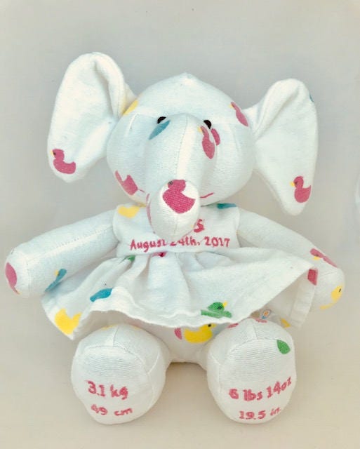 Stuffed Memory girl Elephant made out of your baby's newborn receiving hospital blanket