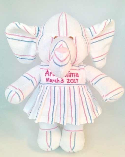 Stuffed Memory girl Elephant made out of your baby's newborn receiving hospital blanket