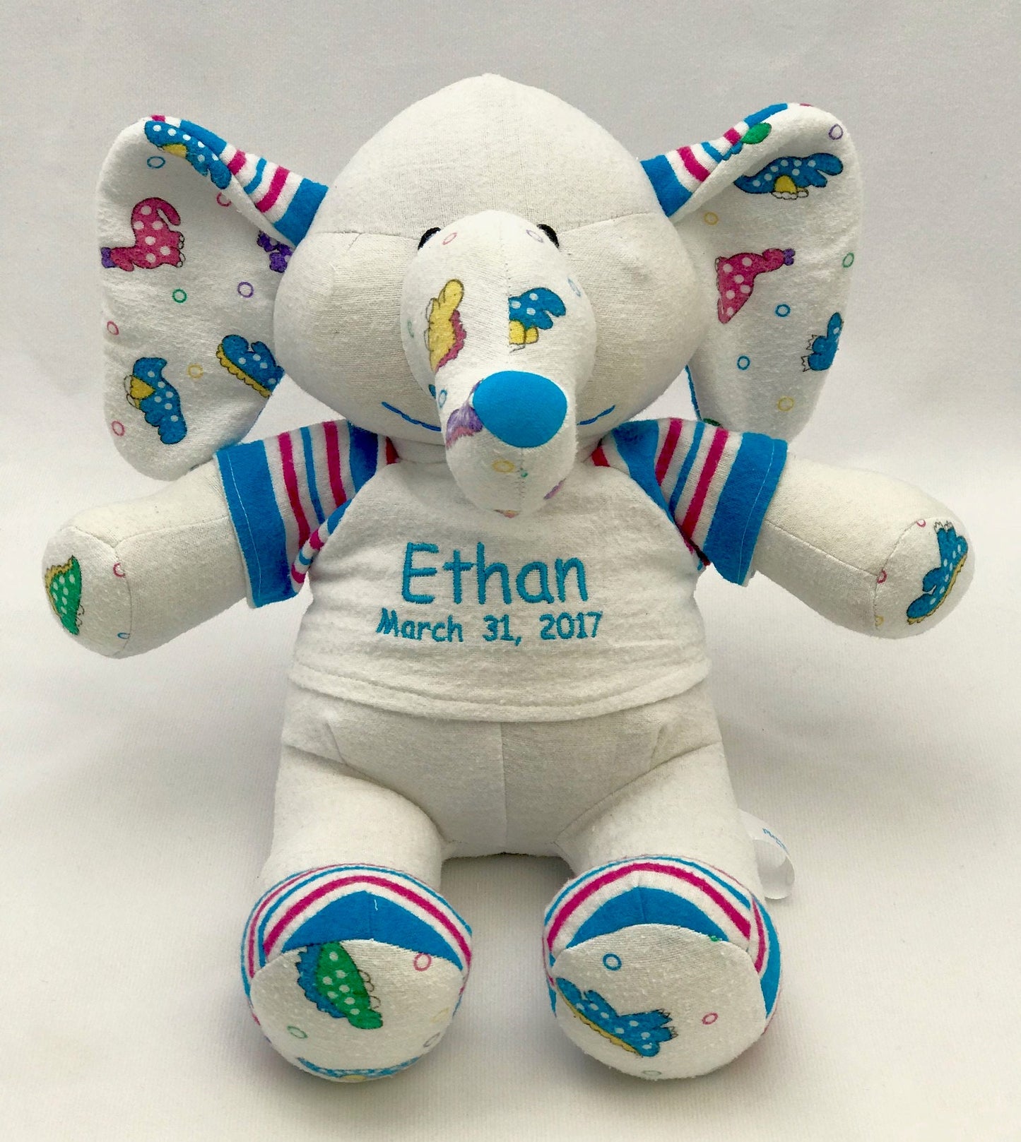 Stuffed Memory boy Elephant made out of your baby's newborn receiving hospital blanket