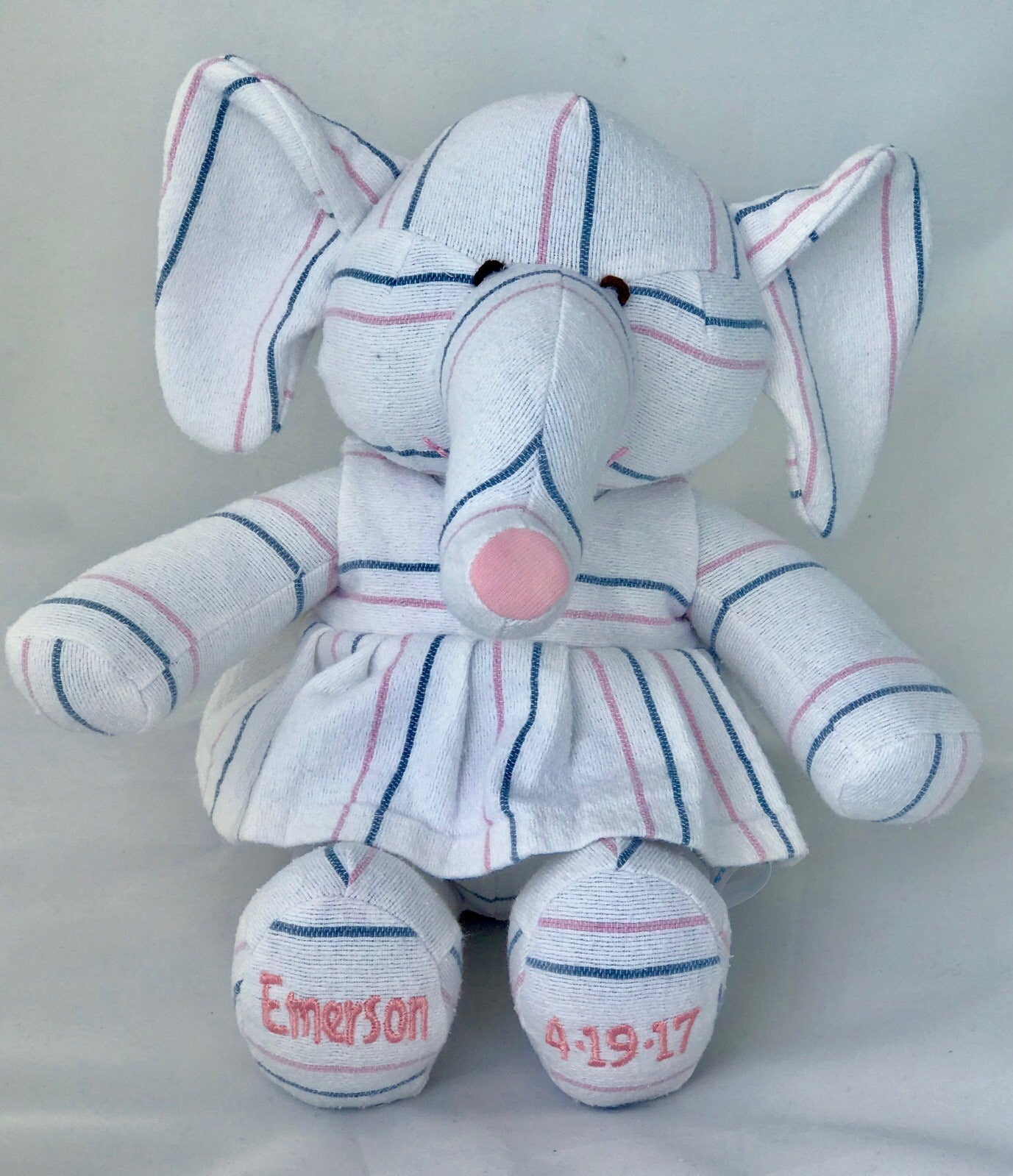 Stuffed Memory girl Elephant made out of your baby's newborn receiving hospital blanket