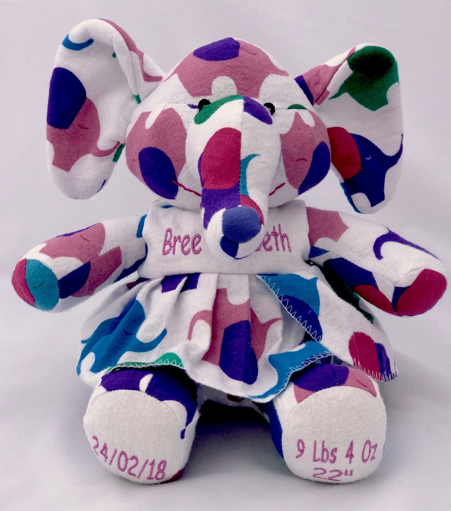 Stuffed Memory girl Elephant made out of your baby's newborn receiving hospital blanket