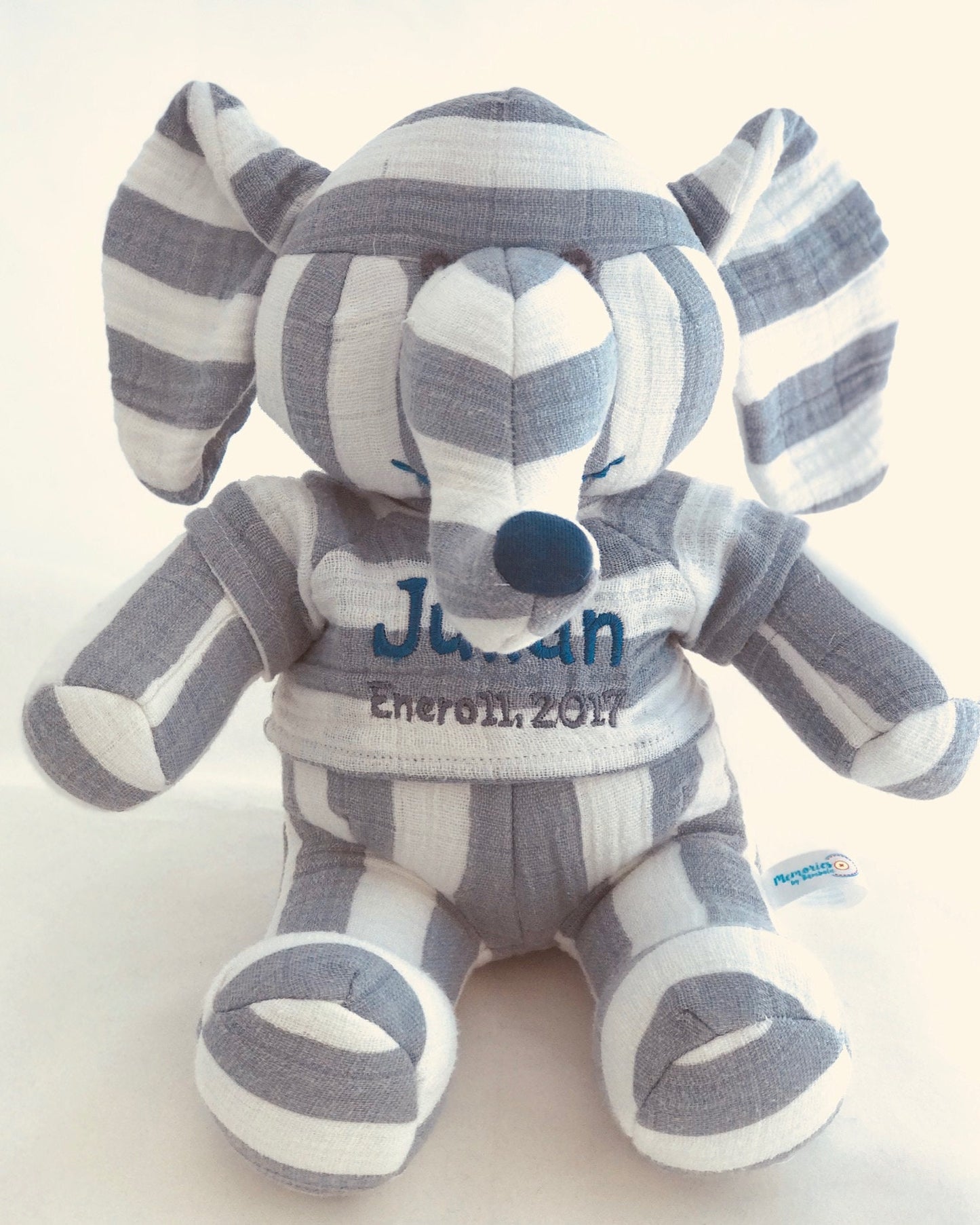 Stuffed Memory boy Elephant made out of your baby's newborn receiving hospital blanket