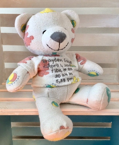 Stuffed Memory boy Bear made out of your baby's newborn receiving hospital blanket