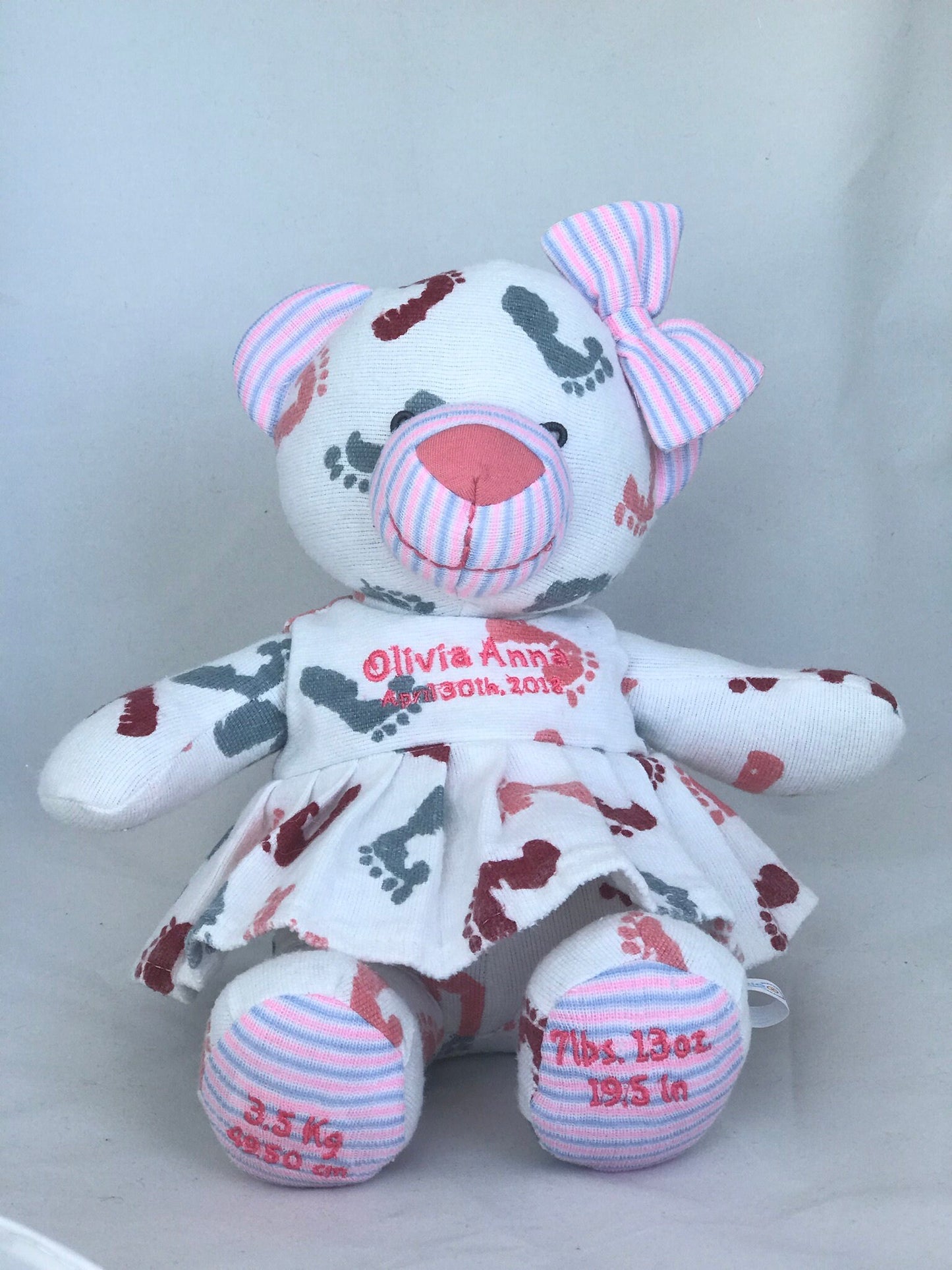 Stuffed Memory girl Bear made out of your baby's newborn receiving hospital blanket