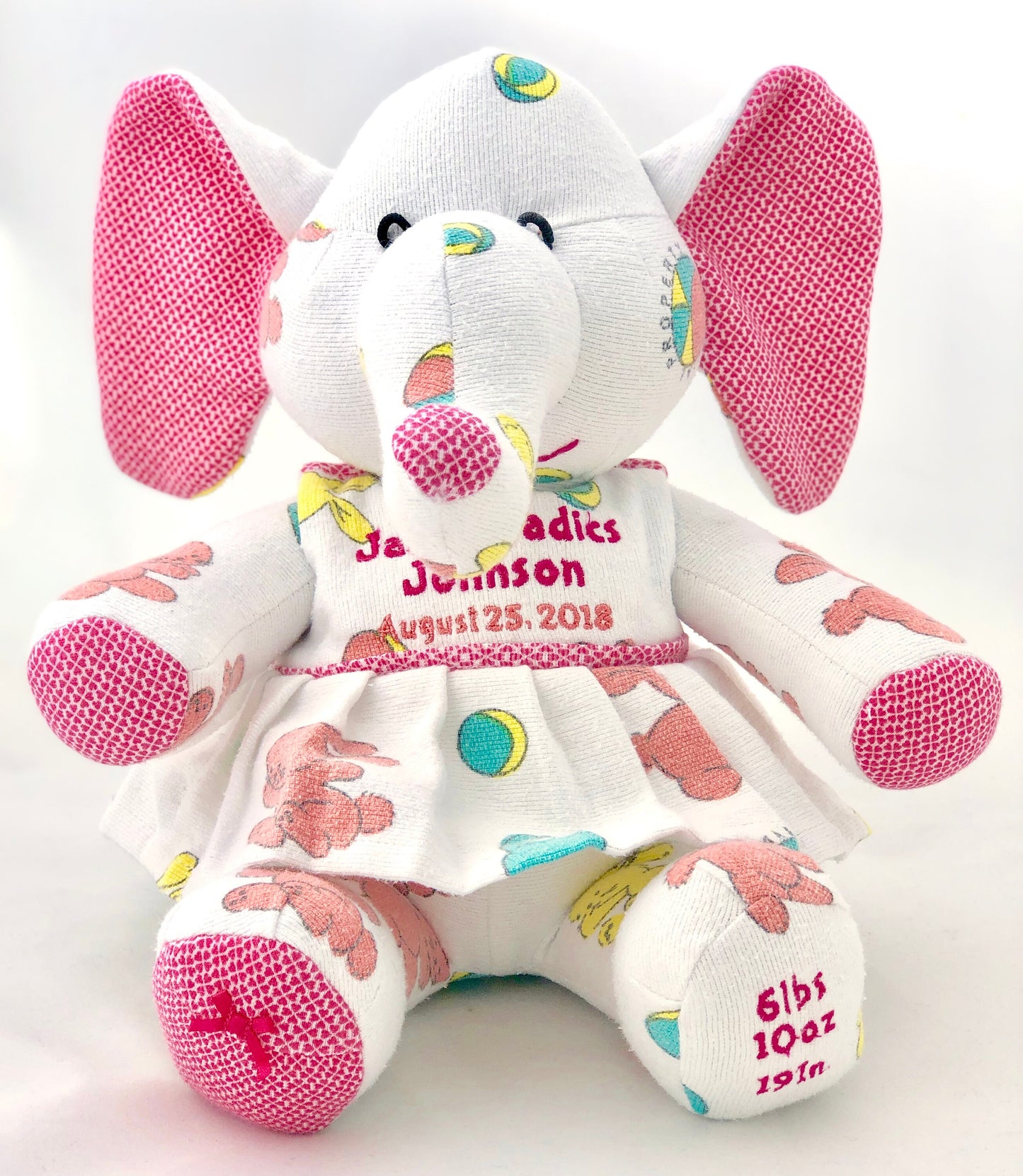 Stuffed Memory girl Elephant made out of your baby's newborn receiving hospital blanket