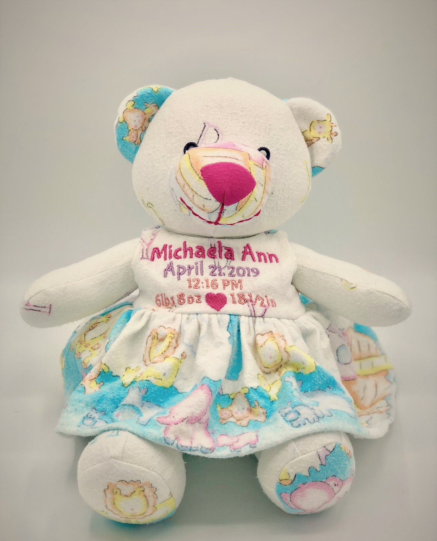 Stuffed Memory girl Bear made out of your baby's newborn receiving hospital blanket