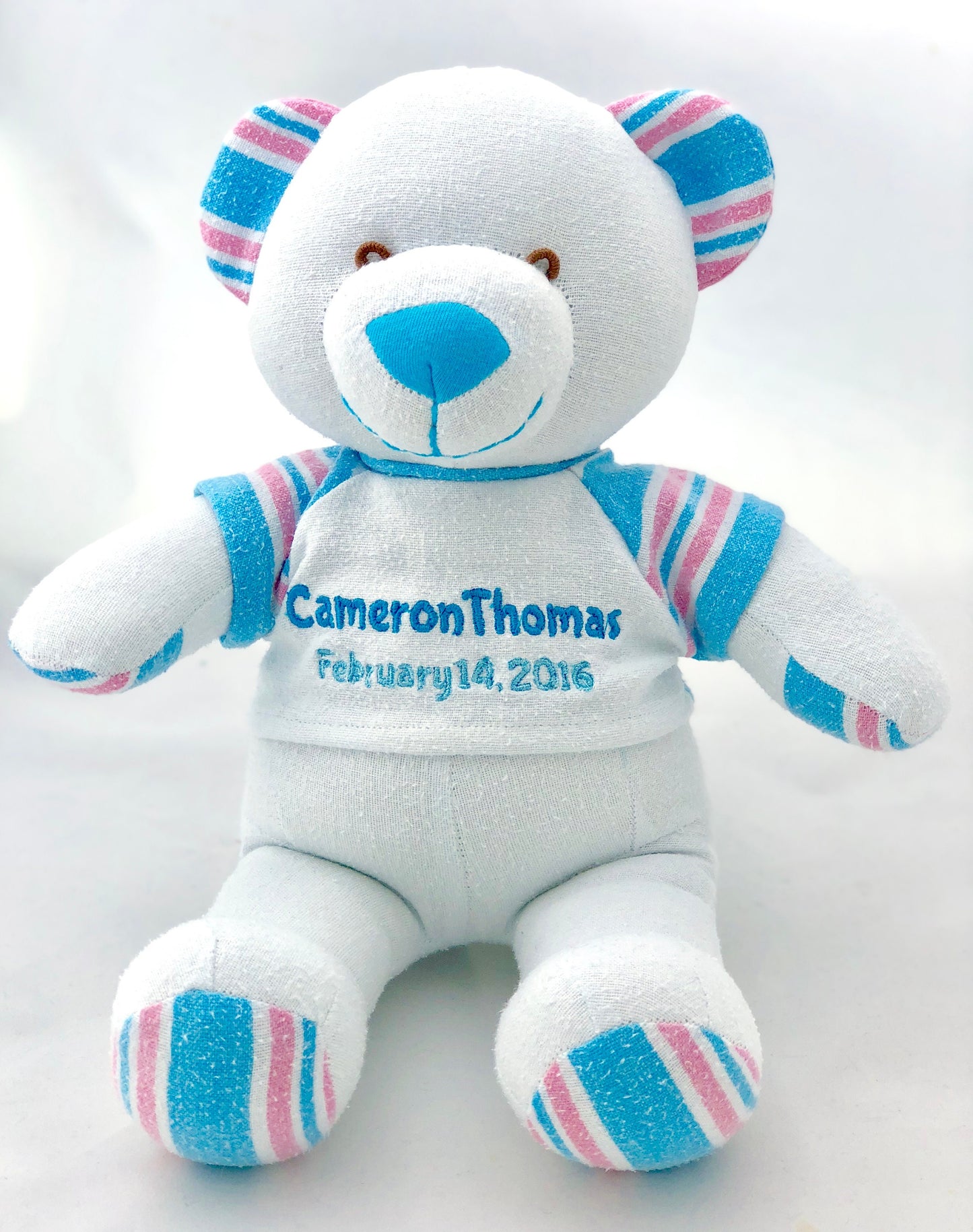 Stuffed Memory boy Bear made out of your baby's newborn receiving hospital blanket