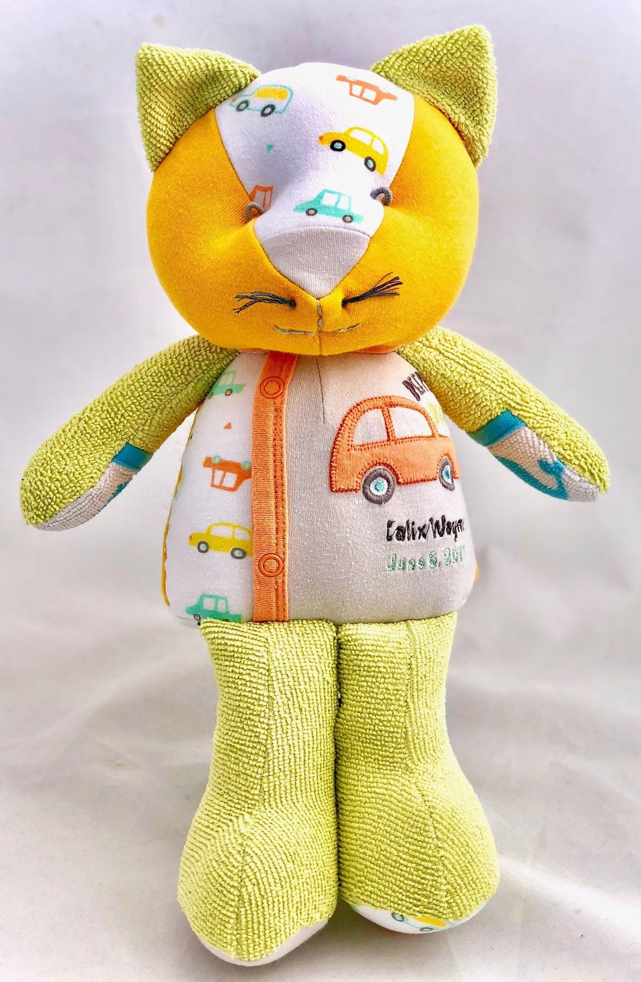 Keepsake Stuffed Cat made out of your favorite baby or adult outfits or clothes