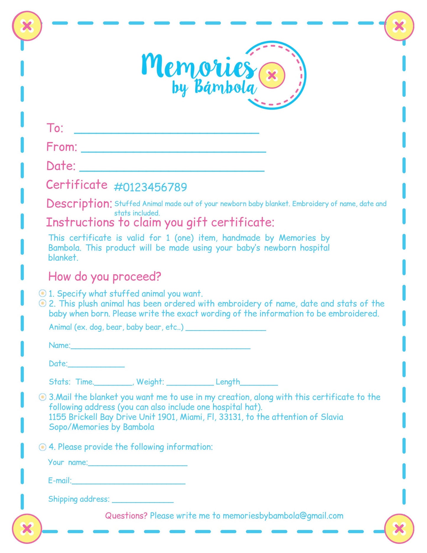 Gift Certificate for Stuffed Animal made out of Baby or Adult Clothes